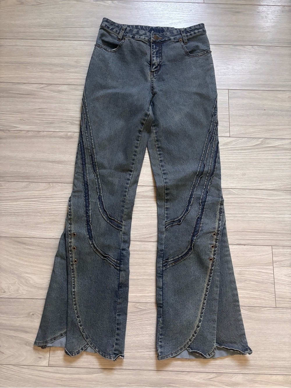 Women's Washed Black Flare Jeans with Curved Paneling